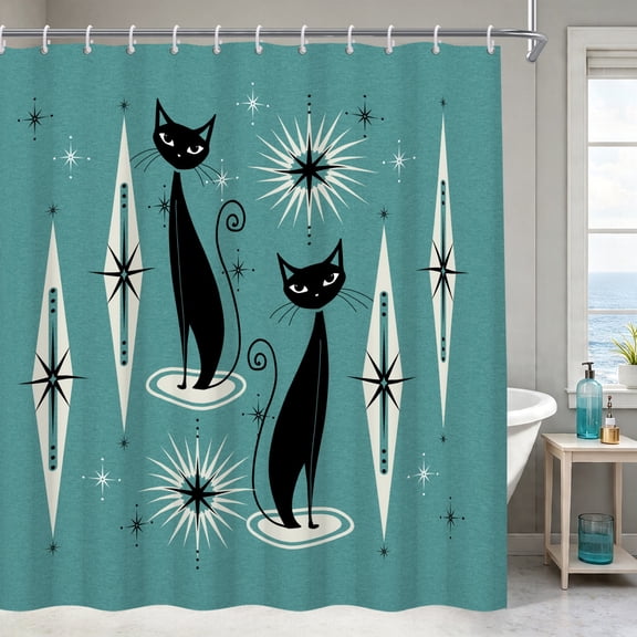 Mid Century Black Cat Shower Curtain Vintage Teal Bath Curtain Funny Retro Fabric Bathroom Decor 72 x 72 Inches