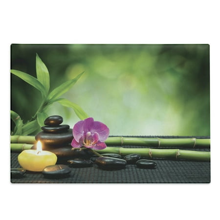 Spa Cutting Board, Theme Lily Lotus Flower and Rocks Yoga Style Purifying Your Soul Theme, Decorative Tempered Glass Cutting and Serving Board, Large Size, Blue Pink Green, by Ambesonne