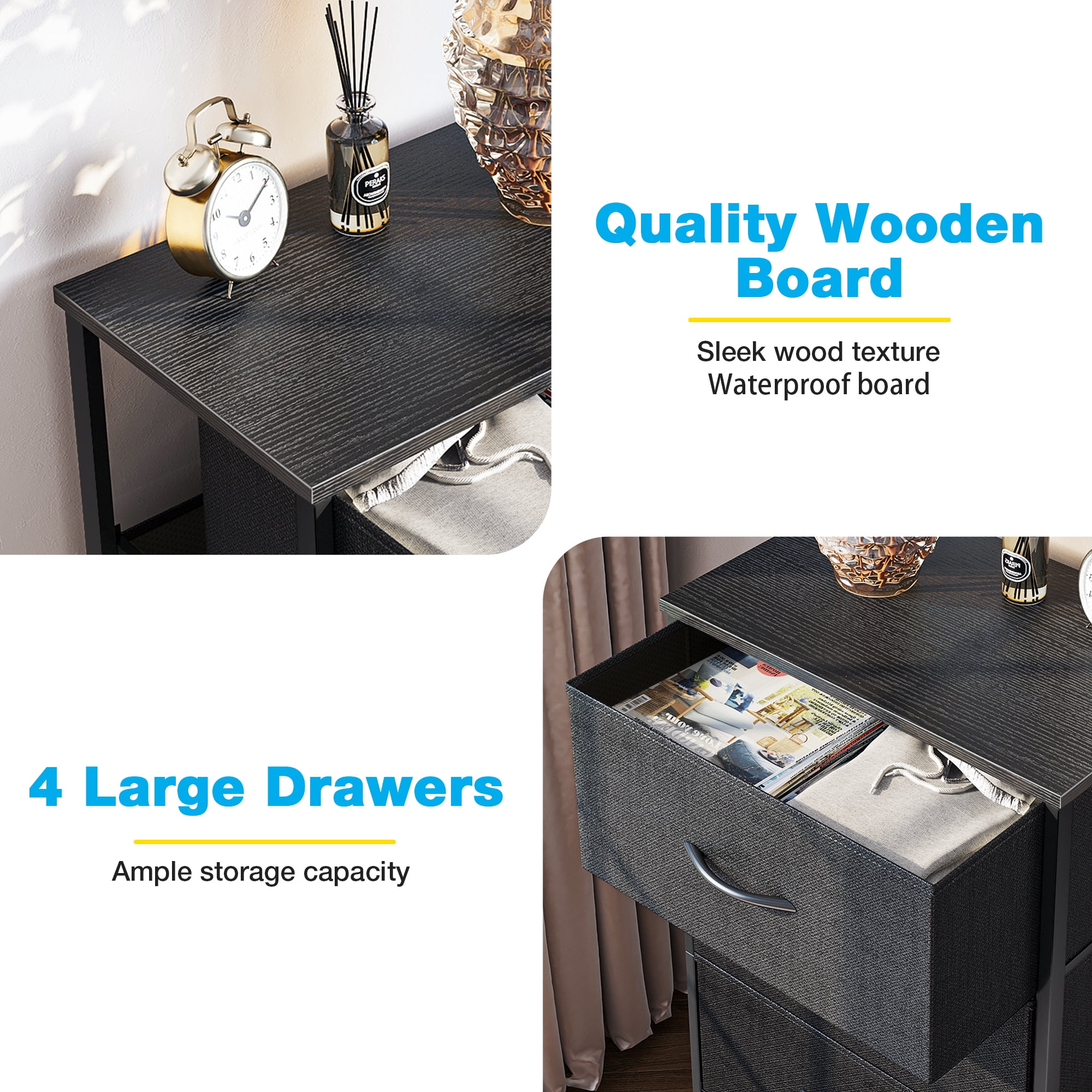 Casacomoda Dresser for Bedroom with 4 Storage Drawers, Small Dresser Chest of Drawers Fabric Dresser with Sturdy Steel Frame, Black