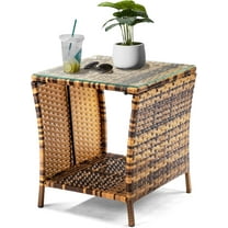 BOBOKY Outdoor Wicker Side Table Patio Side Tables for Outside, Tempered Glass Top Wicker Table with Storage End Table for Balcony Porch Deck, 17.8"D x 20"W x 17.8"H,Natural