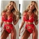 thumbnail image 3 of Conjunto de tres piezas de lencería sexy con liga y escote en V profundo con forma de corazón de melocotón expuesto en la cadera de estilo europeo y americano, 3 of 4