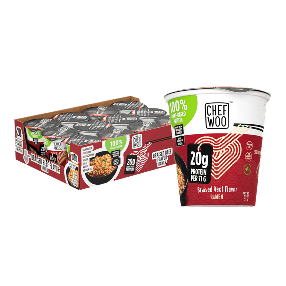 CHEF WOO Braised Beef Ramen Cup High Protein Noodles (12 PACK), 20g of Animal-free, Bioavailable Protein | Made in U.S. |