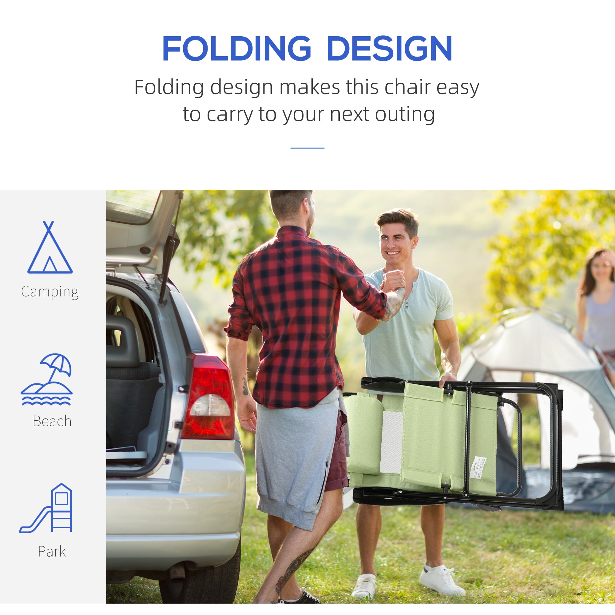 Outsunny Set of 4 Folding Patio Chairs, Camping Chairs with Adjustable Sling Back, Removable Headrest, Armrest for Garden, Backyard, Lawn, Green