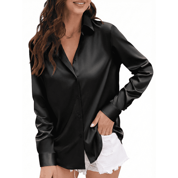 SOMER Button Down Shirts for Women Long Sleeve Work Shirt Soft Satin Silk Silky Dress Blouses Tops