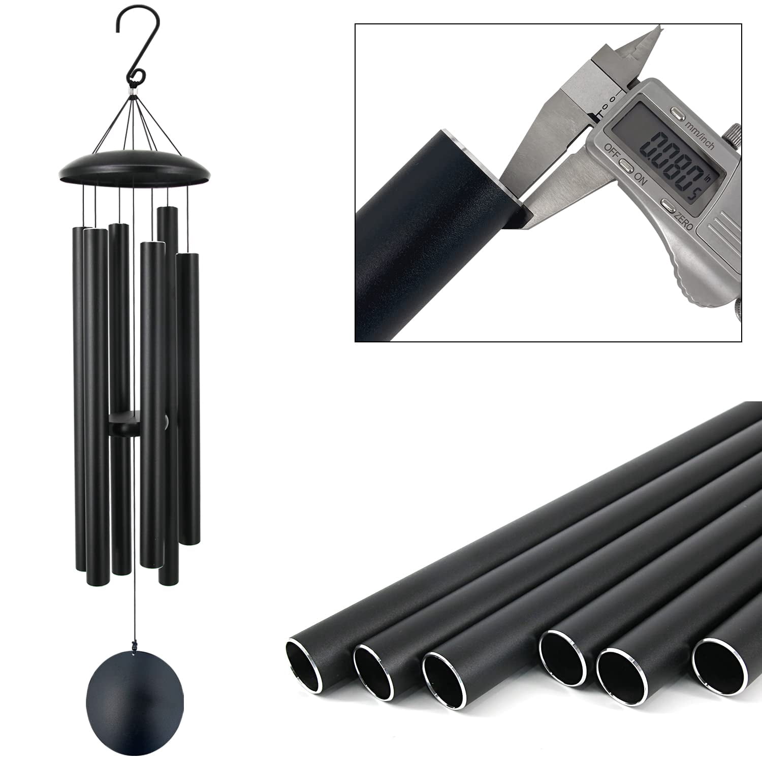 45 In Memorial Wind Chimes Large With 6 Heavy Tubes  Deep Tone Outdoor For Garden Hanging Decor Sympathy Gifts. Black