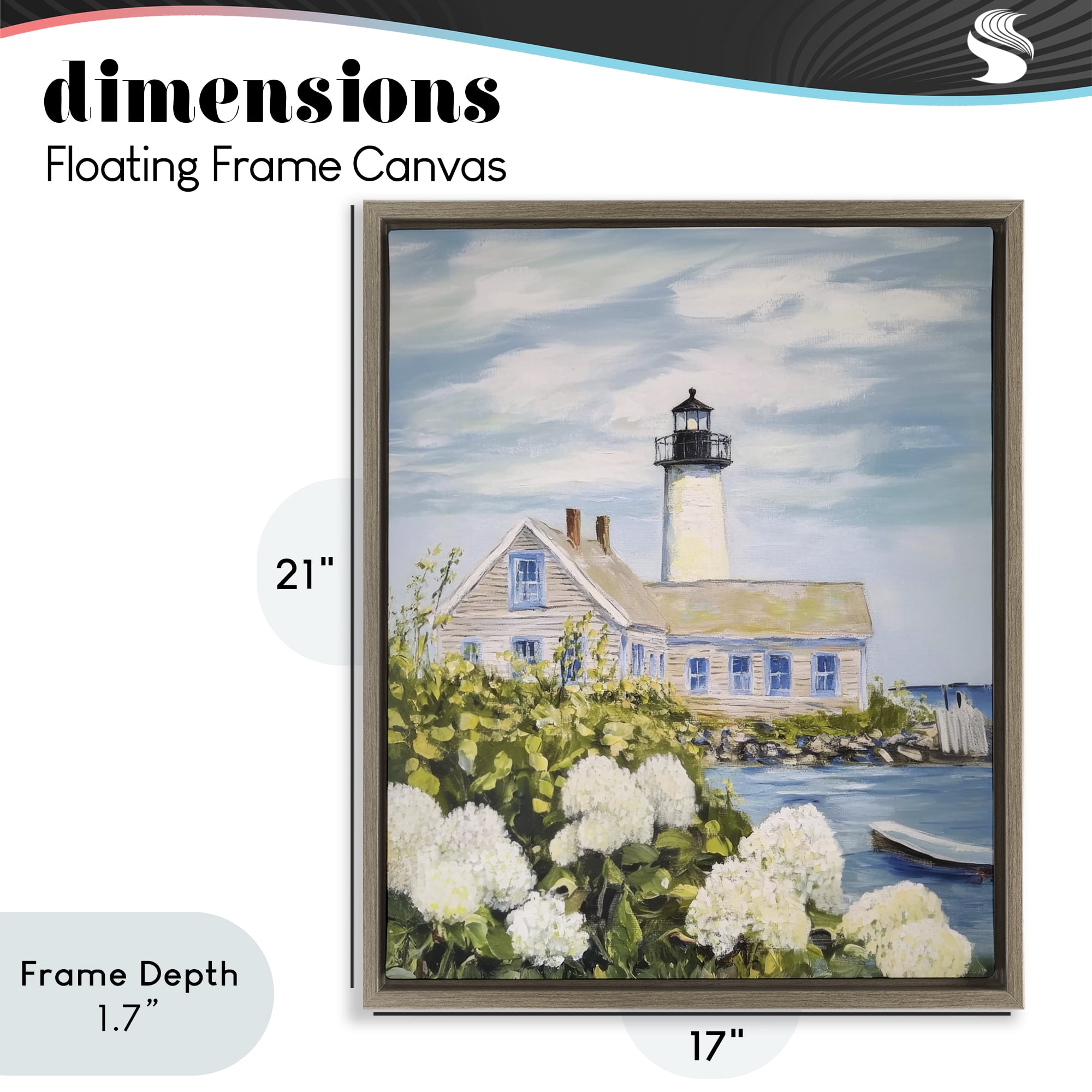 Stupell Industries Lighthouse Scenery with Hydrangeas Brown Framed Floater Canvas Wall Art, design by Sisi and Seb