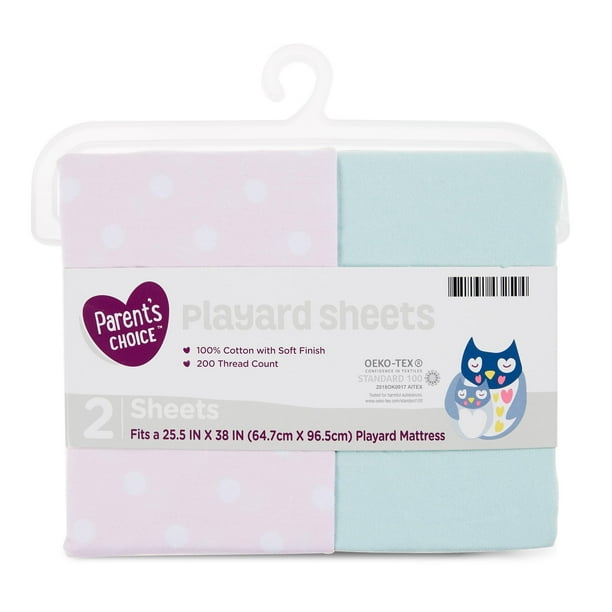 Parent's Choice Playard Sheets, Pink Dots & Blue, 2 Count