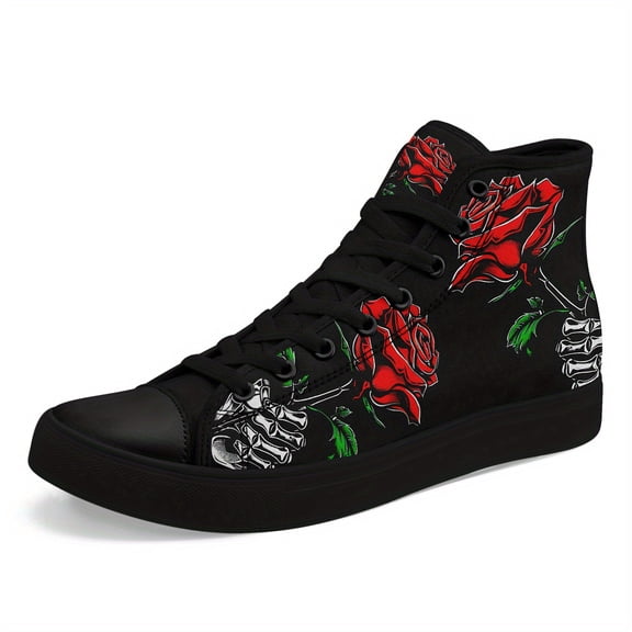 Coolcustomize Women's Gothic Punk Sneakers - High-Top Shoes with Red Roses & Skeletal Hands, Lace-Up Closure - All-Season Streetwear for Couples, Halloween, Concerts, Gothic Shoes, Casual Streetwear