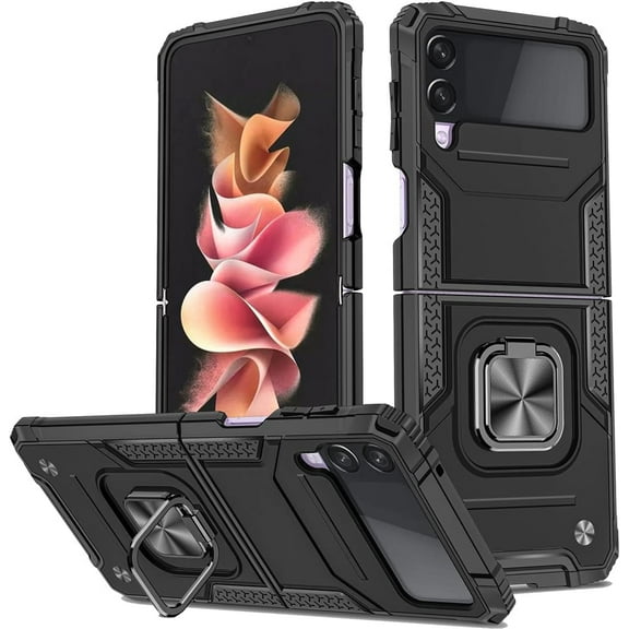 for Samsung Galaxy Z Flip4 Case with Metal Kickstand, Slim Fit Durable Military Grade Dual Layer Shockproof Protective Cover Case for Samsung Galaxy Z Flip4 Black