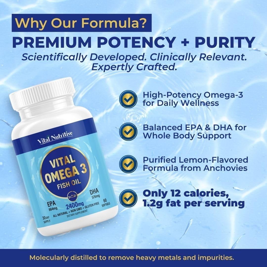 Vital Omega-3 Fish Oil – Daily Supplement for Heart and Brain Support – Non-GMO, Gluten-Free, Sugar-Free – Lemon Flavor – 30-Day Supply