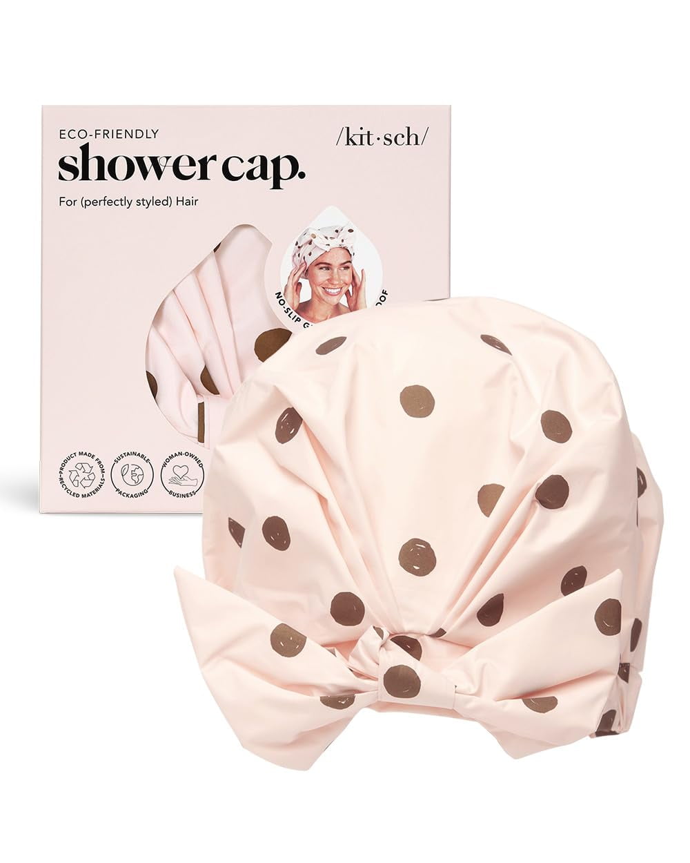 Kitsch Reusable Plastic Shower Cap, One Size, Blush Dot