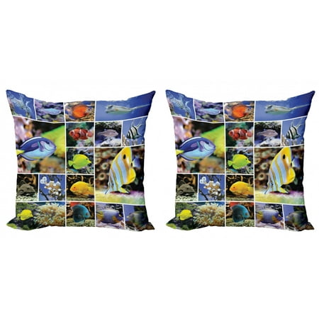 

Ocean Throw Pillow Cushion Cover Pack of 2 Collage of Underwater Photos with a Group of Tropical Fish Oceanic Art Pattern Zippered Double-Side Digital Print 4 Sizes Blue Yellow by Ambesonne