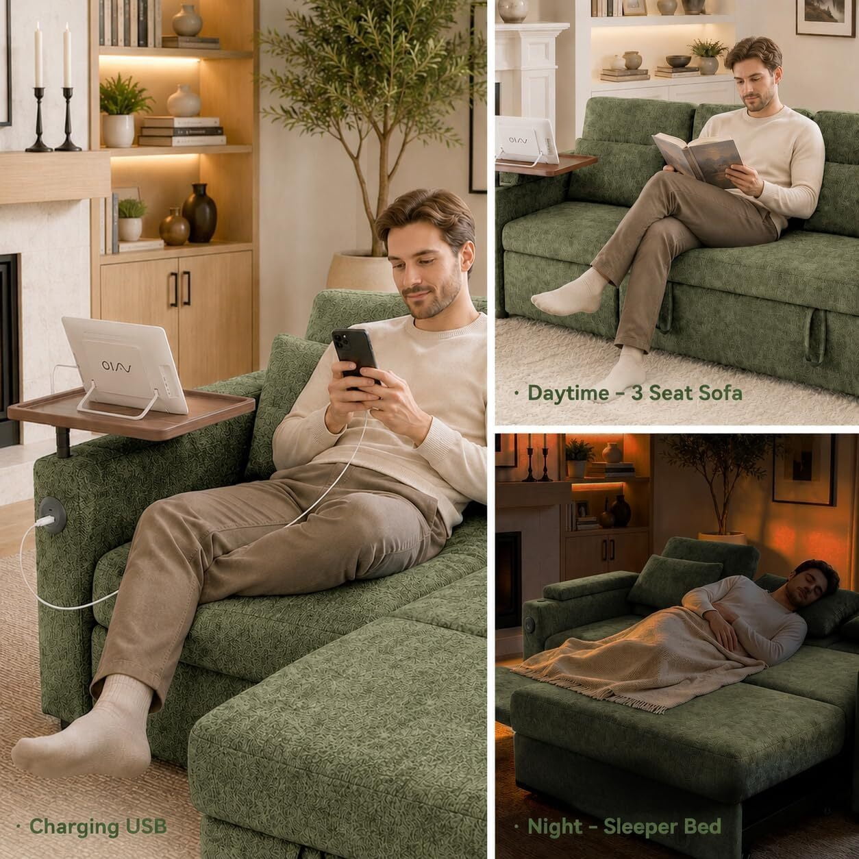 avobird 83" L Shaped Convertible Sofa Bed with Pull Out Couches, Adjustable Backrest and Seating, 3 in 1 Sleeper Sectional Sofa, Modern Chenille Sofa for Living Room, Green