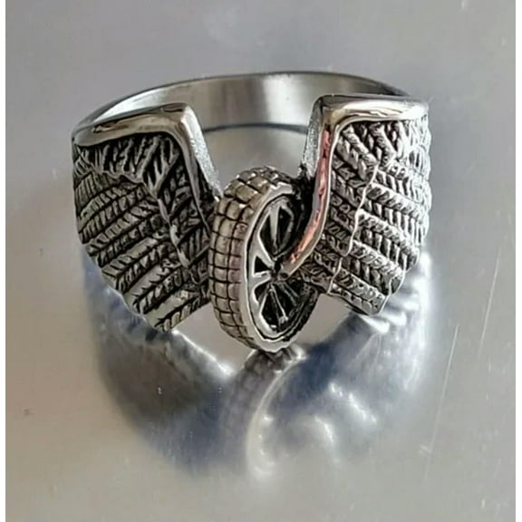 Stainless Steel Polished Winged Wheel Ring - Stainless Steel Biker Ring