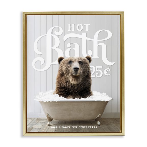 Stupell Industries Vintage Bathroom Bear Ad Animals & Insects Painting Gold Floater Framed Art Print Wall Art, 25 x 31