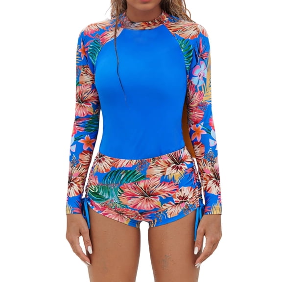 ZQUUVOU Women's Rash Guard Swimsuits Set 2 Piece Long Sleeve Quick Dry Slim Tankini Sports Training Swim Shirt and Shorts Blue