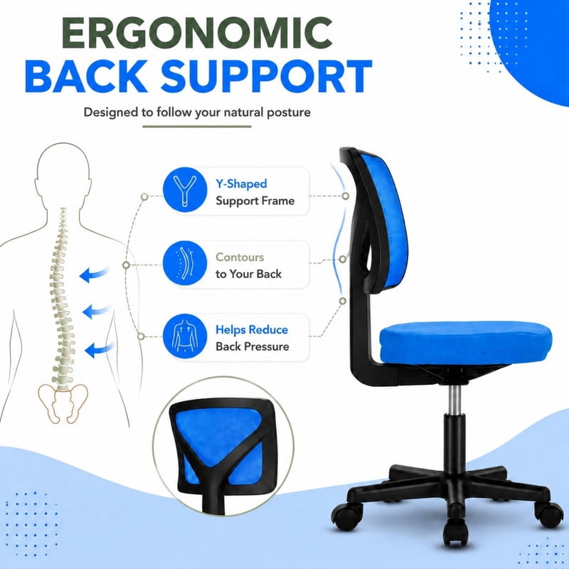 BEAUTYPEAK Desk Chair with Y-Shaped Lumbar Support Adjustable Armless Mesh Office Chair with Wheels for Home Office, Blue