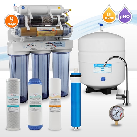 Max Water 9-Stage DI, Alkaline/Mineral/Far Infrared Reverse Osmosis System w/ Pressure Gauge