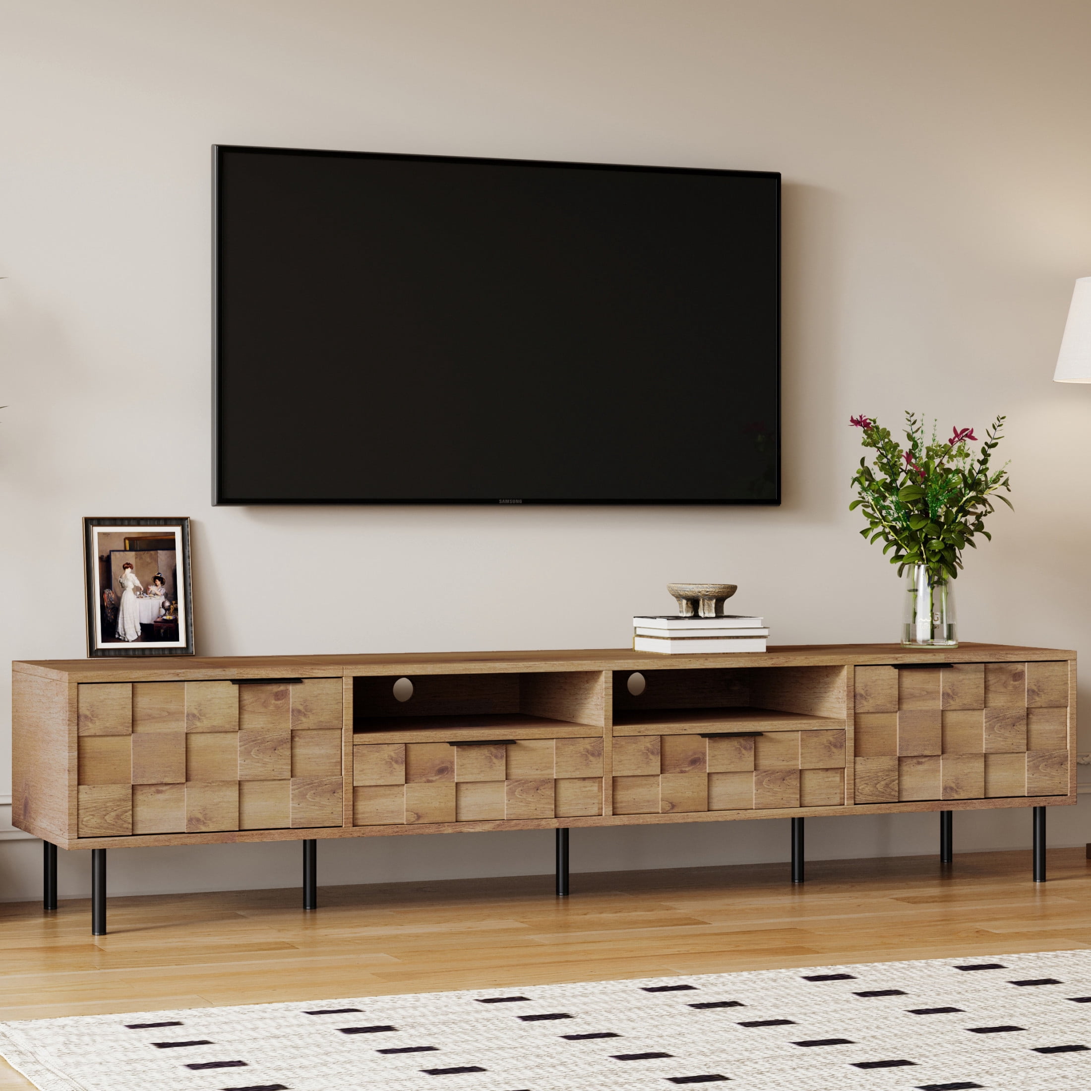 Noble House TV Stand for TVs up to 85 Inch with 2 Drawers and Storage Cabinets, Natural