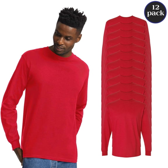 Gildan Men's Ultra Cotton Bulk Pack of 12 T-Shirt, Long Sleeve Crewneck Red Color Casual Tee, S
