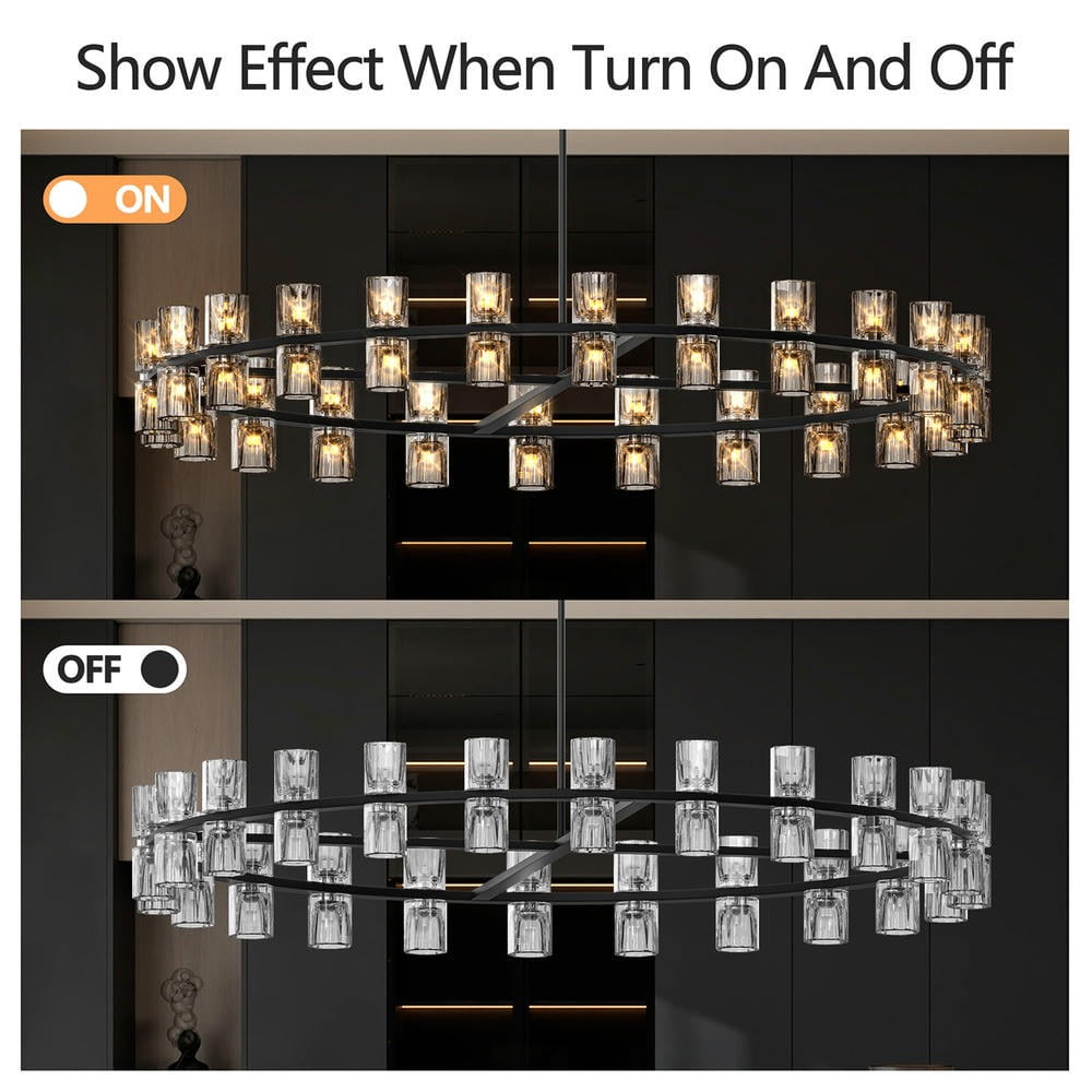 Keepoman 48inch Chandelier Ceiling Pendant Light Fixtures with Luxury Crystal and Decorative Lights Simple LED Lighting for Living Room, Dining Room, Home Decor, Black (Bulbs Included)