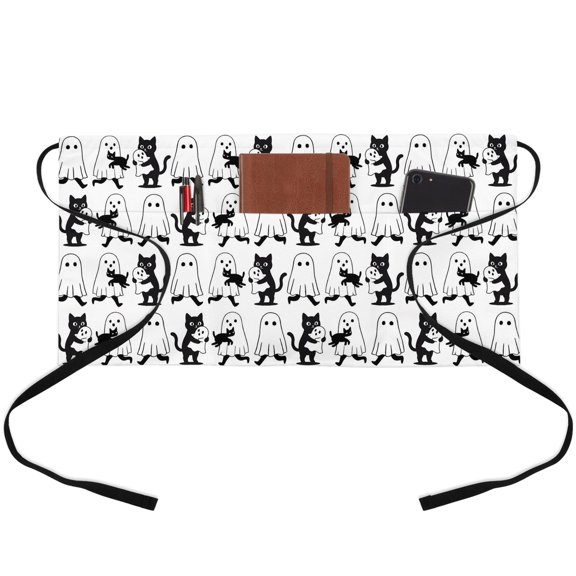 Halloween Waitress Apron with 3 Pockets, Cartoon Horror Spooky Ghosts Cat White Black Server Aprons Waterproof Kitchen Restaurant Half Waist Apron for Men Women