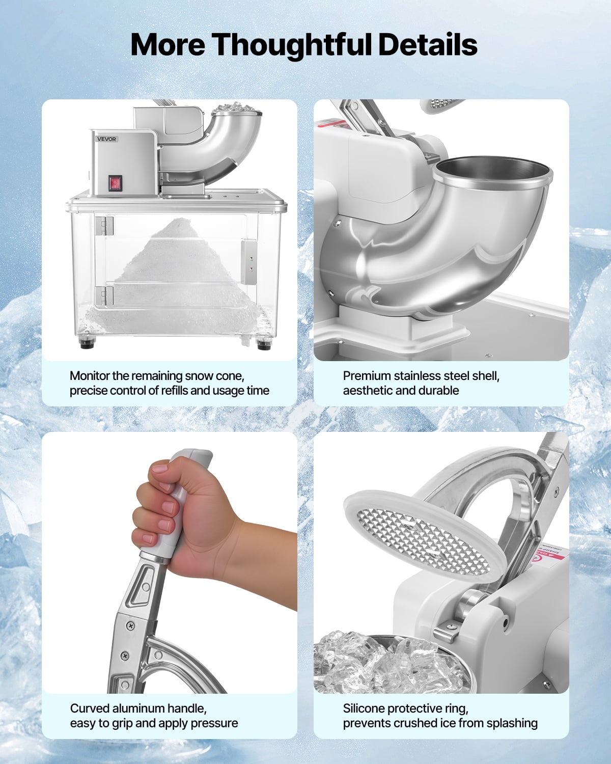 VEVOR Commercial Ice Crusher 661LBS/H, 350W Electric Snow Cone Machine with 4 Blades, 1400RPM Stainless Steel Shaved Ice Machine with 11 Gal Crushed-Ice Box,