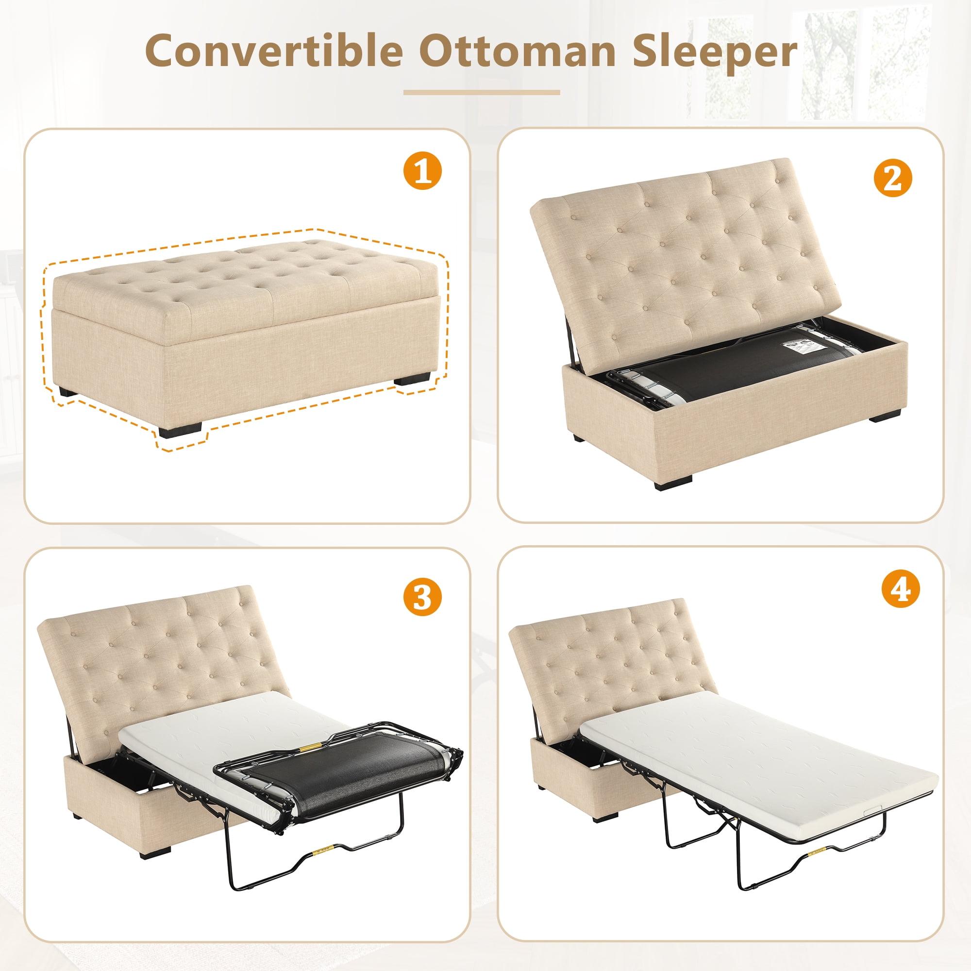 Euroco Convertible Ottoman Sleeper Bed with Memory Foam Mattress, Folding Twin Bed for Guests, Tufted Linen Upholstery, Iron Frame, Space-Saving Sofa Bed