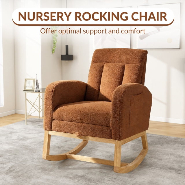 Kojooin Solid Wood Frame Glider Rocking Chair with Teddy Plush Fabric, Adjustable Footrest and Ottoman