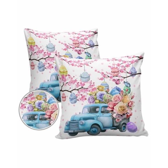 Pack of 2 Outdoor Pillow Covers, Easter Blue Truck Pull Easter Eggs Roses Cherry Blossom Waterproof Square Throw Pillowcase Cushion Decorative Pillow Covers for Couch Patio Tent, 20x20 in