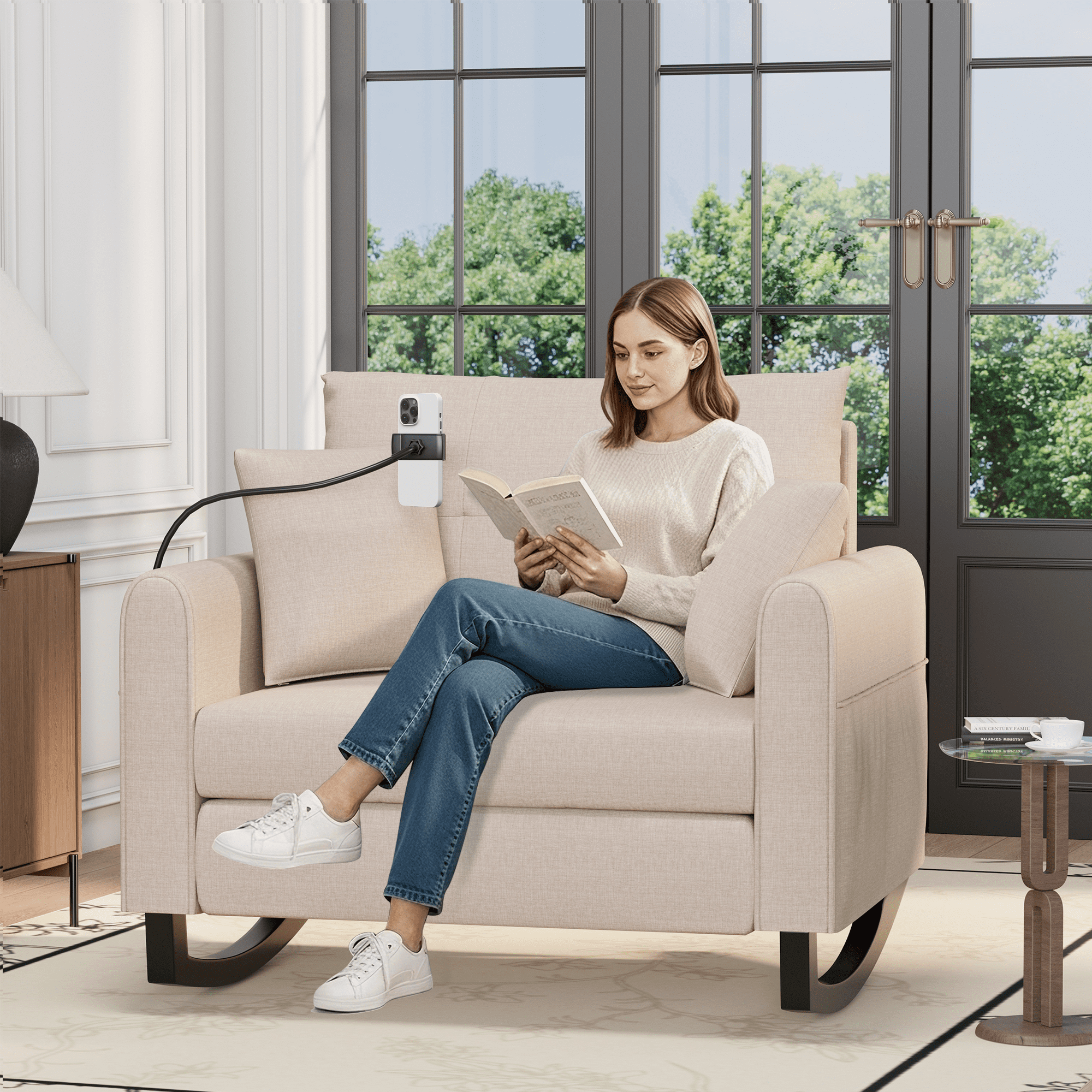 HOMREST Adult Double Wide Rocker Glider with Phone Handle and USB, Beige