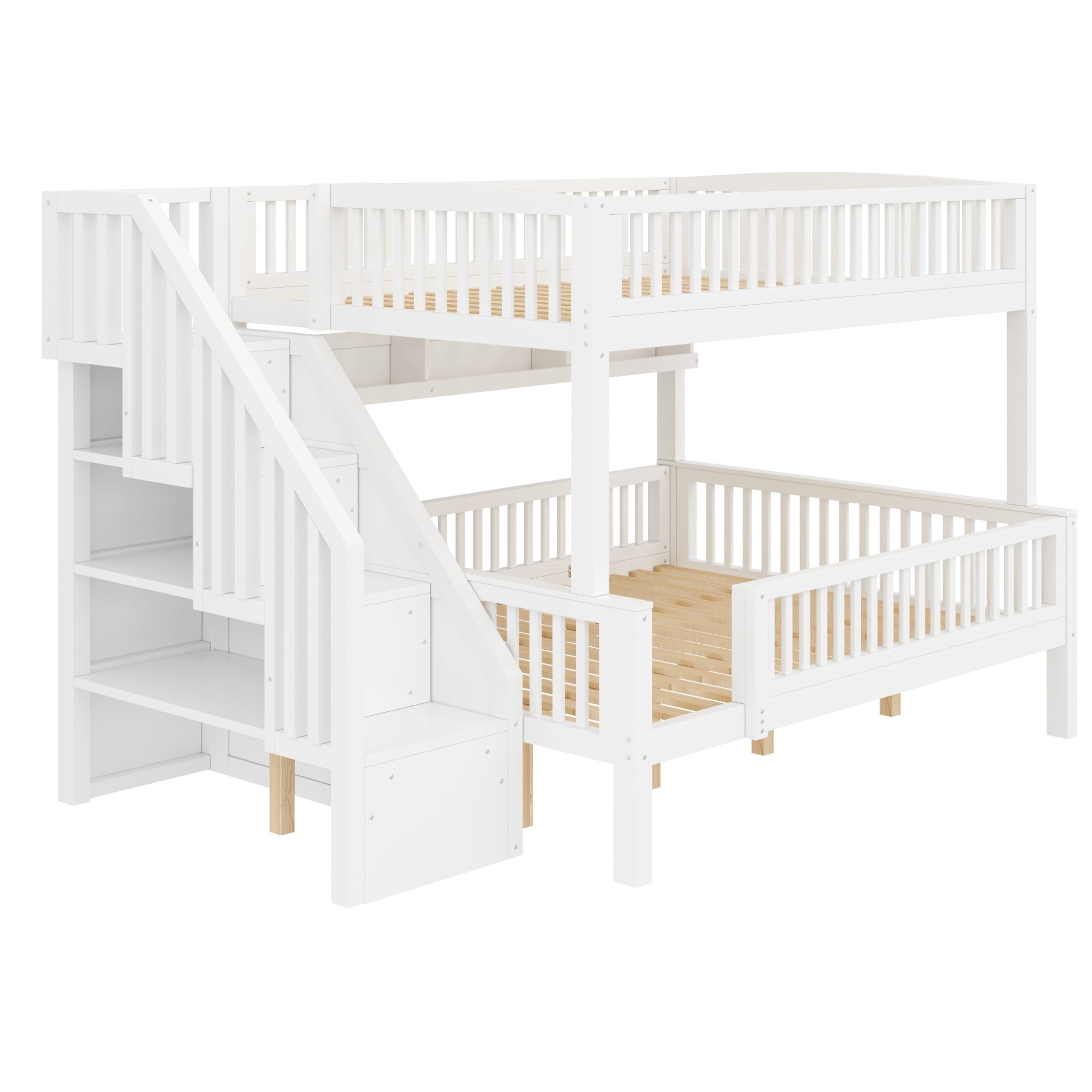 Noble House Dalmor Full XL over Queen Bunk Bed with Storage Staircase & Built-in Bookshelf, Adjustable LED Light, White
