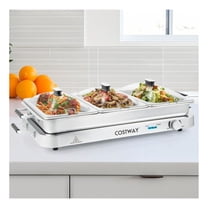Electric Warming Tray with Lid, 3 Stainless Steel Trays - 8 Quart Capacity - Temperature Control - Silver - 450W - ETL Certified