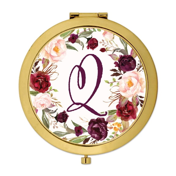 Koyal Wholesale Gold Compact Mirror Bridesmaid's Wedding Gift, Marsala Burgundy Maroon Flowers , Monogram Letter Q, 1-Pk