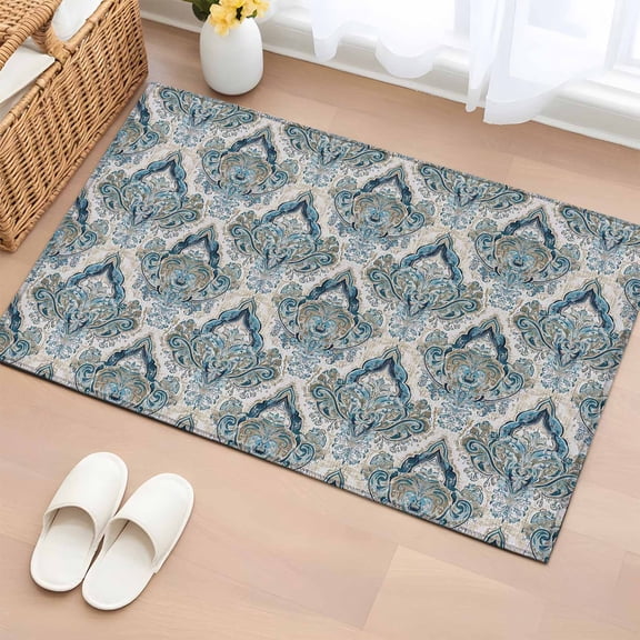 Boho Floral Bathroom Rug Washable 2x3 Entryway Rug Non Slip Retro Teal Blue Flower Vintage Front Door Mat Low Pile Indoor Doormat Throw Floor Carpet for Kitchen Bedroom Entrance