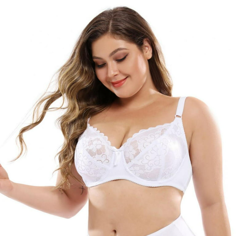 Greyghost 1Pc Women's Scalloped Lace Bra Embroidery Floral Bralette  Underwire Minimizer Bras Unlined 3/4 Cups Bra Non-Padded Plus Size Push up  Brassiere White 100E/44E 
