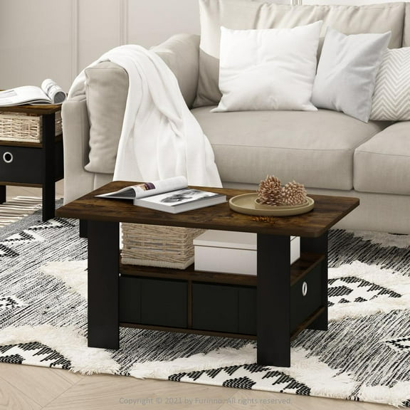 Furinno Andrey Coffee Table with Bin Drawer, Amber Pine/Black