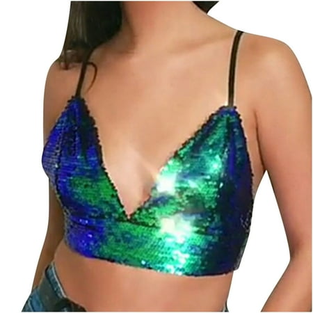 

Underwear Women Small Spaghetti Sequin Nightclub Stage Sequin Top With Chest Pad Colorful color-changing sequins nightclub wrap bra xz1191 green XL
