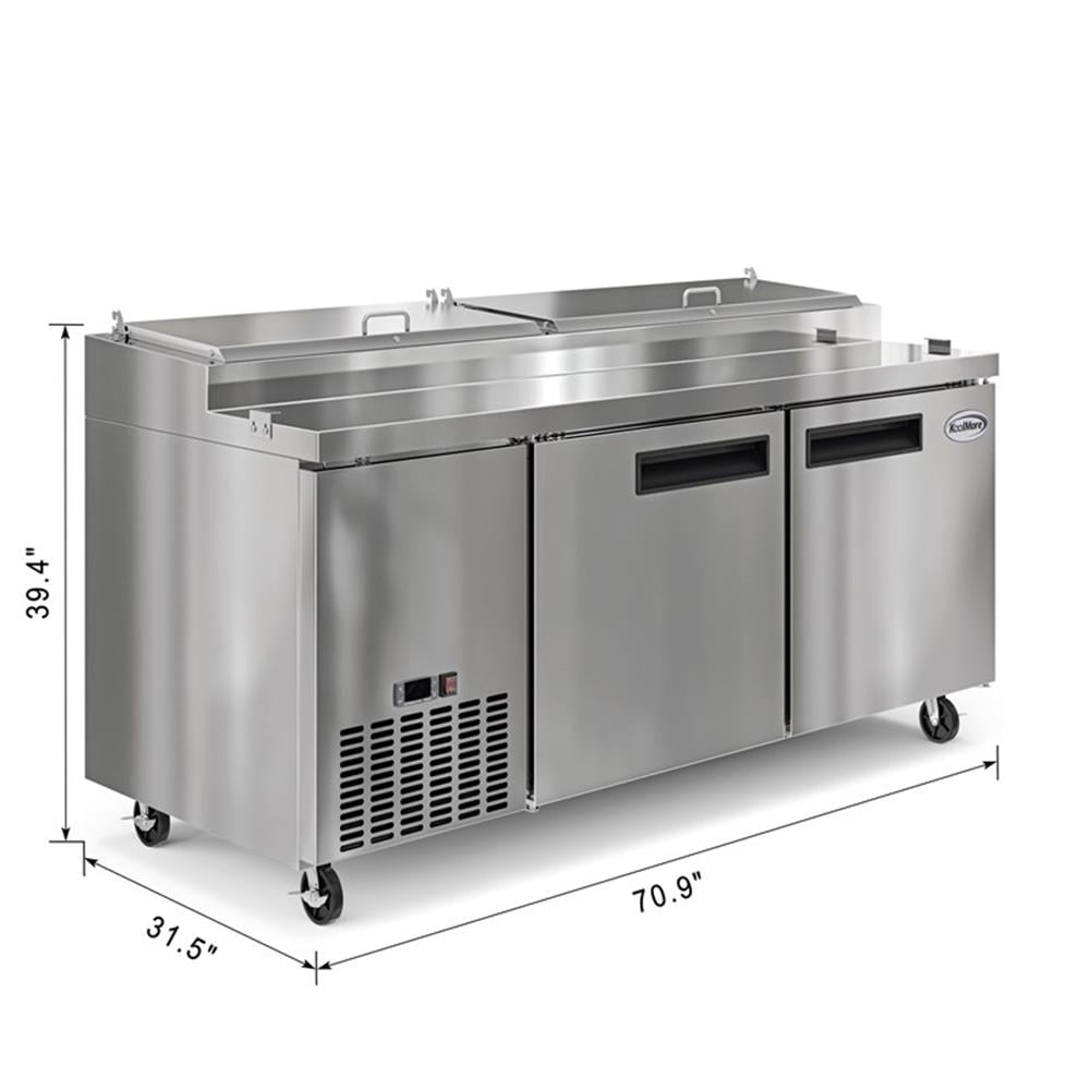 Pemberly Row Silver 71" Two Door Commercial Pizza Prep Refrigerator in Steel