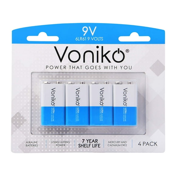 Baterías Voniko de 9 V - Paquete de 4 baterías alcalinas de 9 V - Ultra duraderas con una vida útil de 7 años