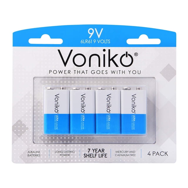 Baterías Voniko de 9 V - Paquete de 4 baterías alcalinas de 9 V - Ultra duraderas con una vida útil de 7 años
