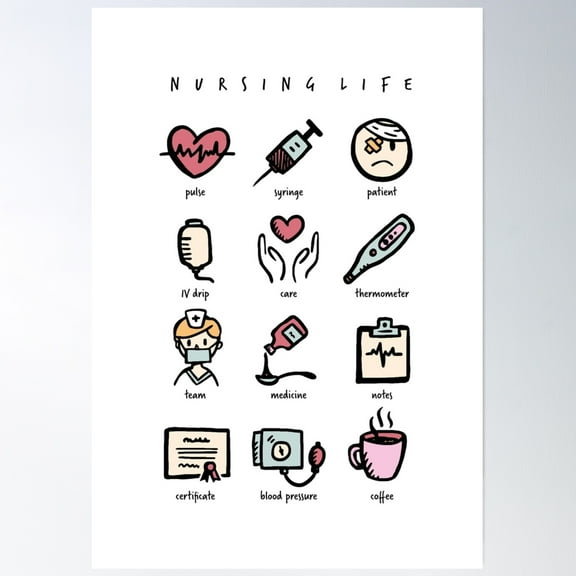 Nursing Life Cute Doodles Poster Wall Art, Modern Wall Decor, 8x12 UNFRAMED