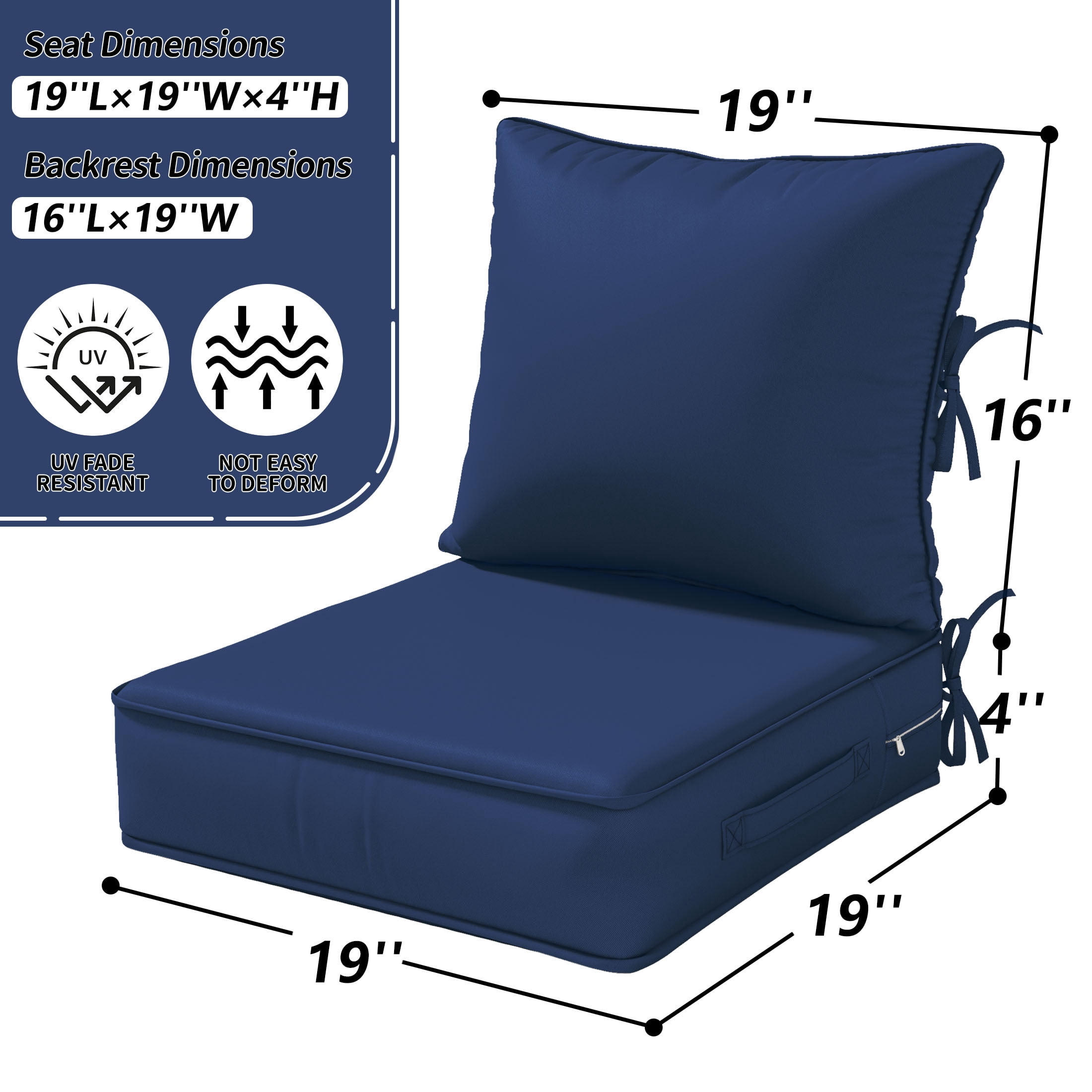 Kimunuk Outdoor Deep Seat Cushion Set for Patio Furniture, Splash-Proof & Fade Resistant, 19" L X 19" W X 4" H, Blue