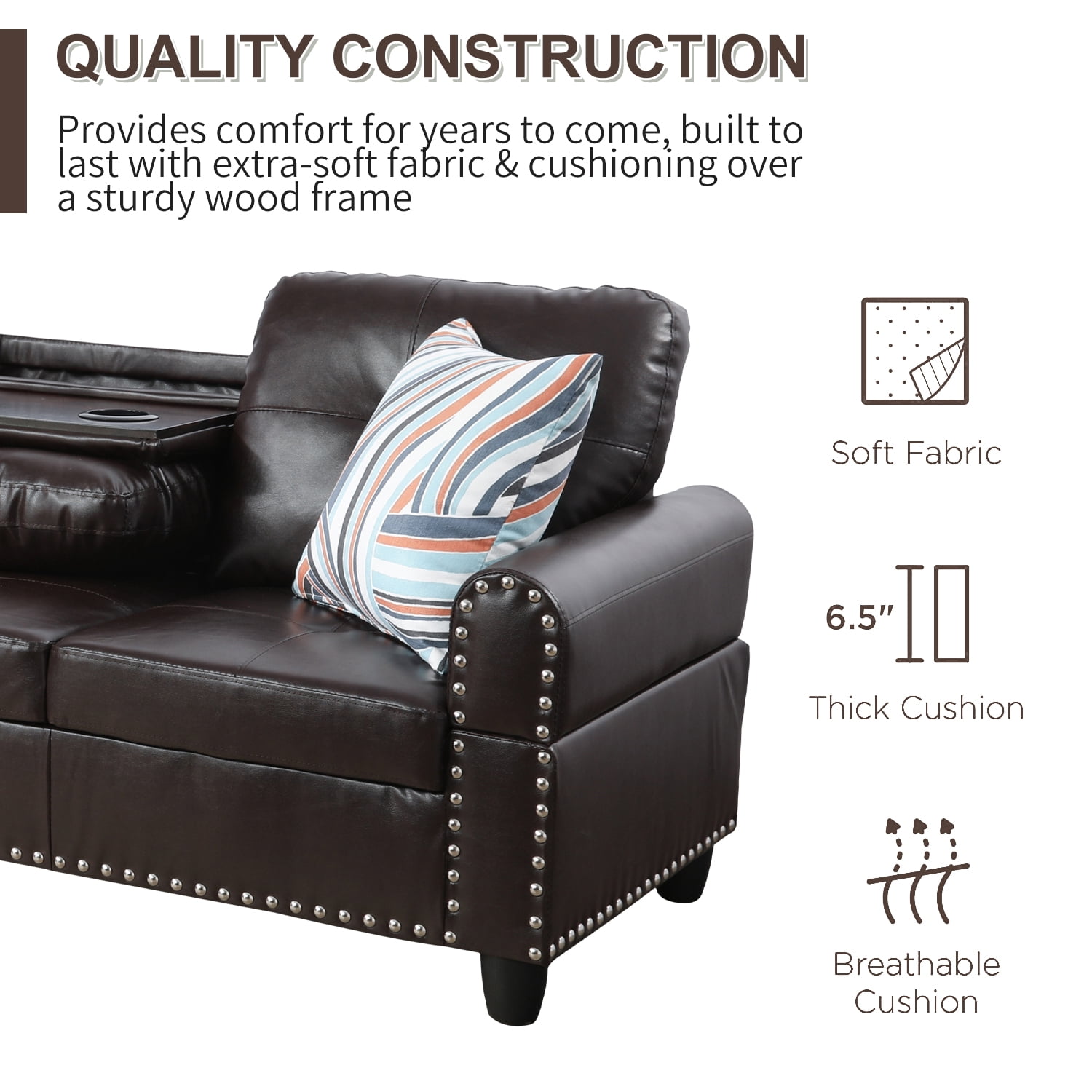 Prilinex Faux Leather Couch Sofa, Modern Nail-Head Design L Shaped Sectional Sofa for Living Room, 3 Piecet L Couch with Storage Ottoman & Cup Holder for Bedroom Apartment, Brown
