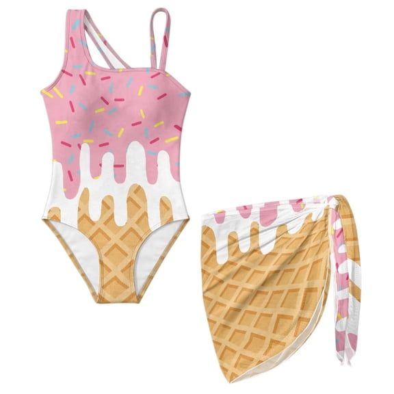 FUIALDOLG Icecream Design Swimsuit with Beach Coverups Wrap Sarong for Girls One-piece Bathing Suit Quick Drying Beach Cover Up Summer Swimming Costume for Beach Pool Party,
