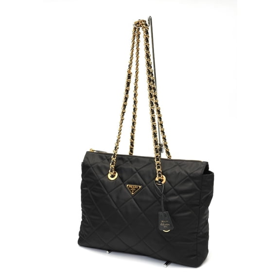 Pre-Owned Prada Re-Nylon Chain Shoulder Bag Tote 1BG467 Quilted Nylon Black S-159278 (Good)