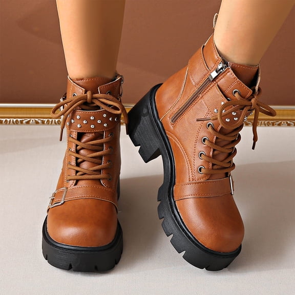 Women's Chunky Platform Ankle Combat Boots Square Toe Lace Up Rivet Studded Buckle Straps Block Heel Punk Motorcycle Short Boots