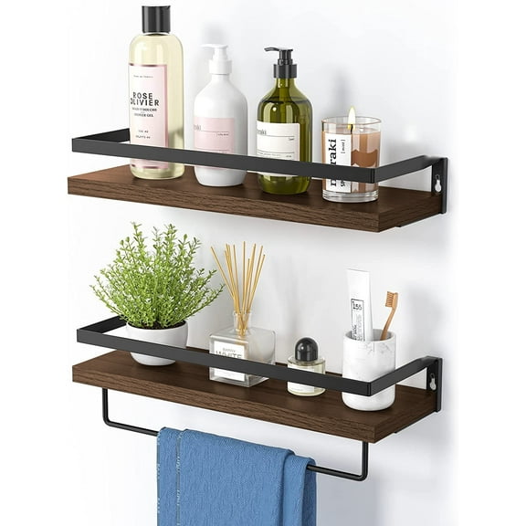 Nicewell Solid Wood Floating Shelves for Wall, Wall Mounted Storage Shelves, Set of 2 Bathroom Shelves with Towel Bar, 16-inch Wall Shelves for Bathroom, Living Room, Kitchen, Bedroom, Brown