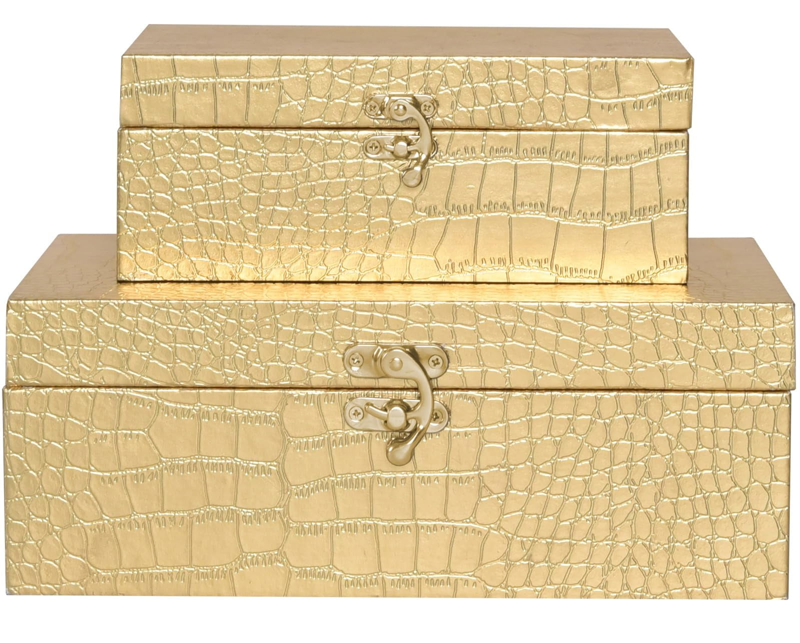 MODE HOME Set of 2 Gold Crocodile Leather and Wood Nesting Storage Boxes, Decorative Keepsake Chests with Clasps
