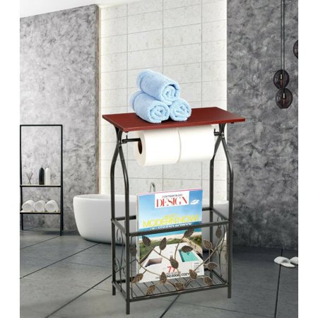 NEW PRICE!Bathroom Table and Stand with Toilet Paper Roll-Bar Holder and Storage Rack - Black Metal Frame with Scroll Design  Walnut Color Wood Top